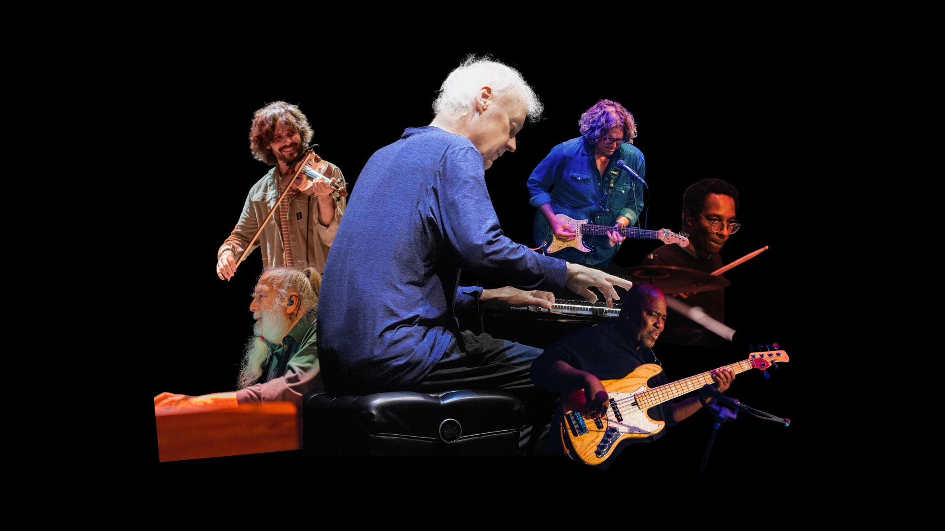 A collage rendering of musicians playing the keyboard, guitar, violin, drums, and other instruments.