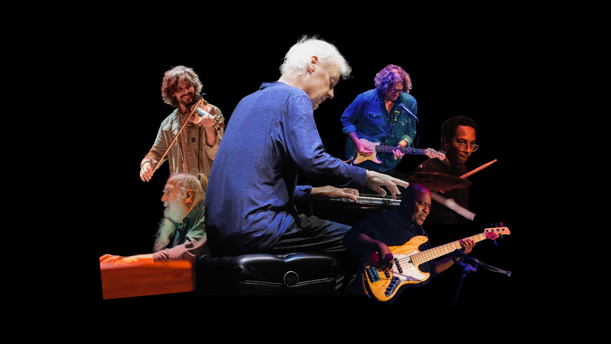 A collage rendering of musicians playing the keyboard, guitar, violin, drums, and other instruments.