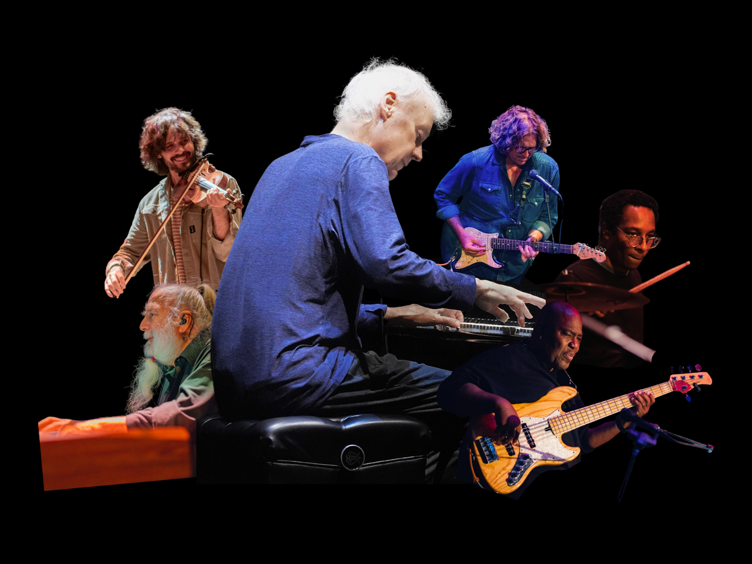 A collage rendering of musicians playing the keyboard, guitar, violin, drums, and other instruments.