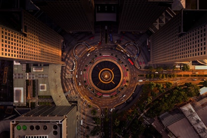 A top down view of a busy motorway in the evening
