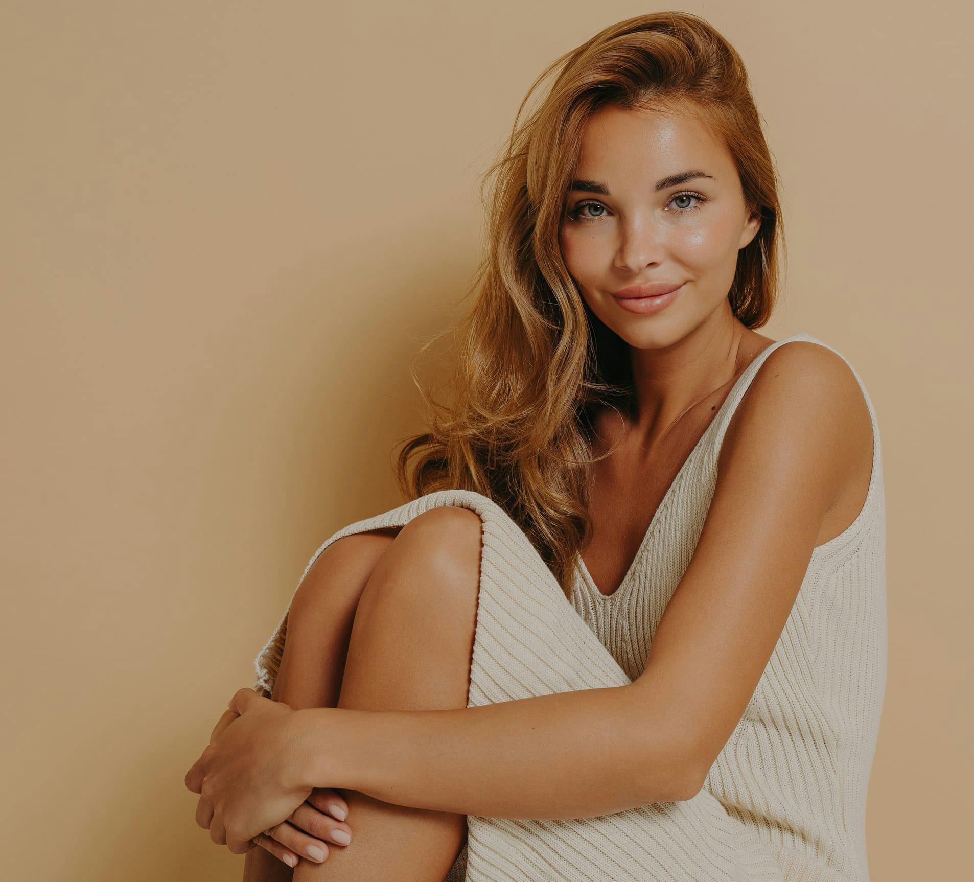 woman smiling while hugging her knees