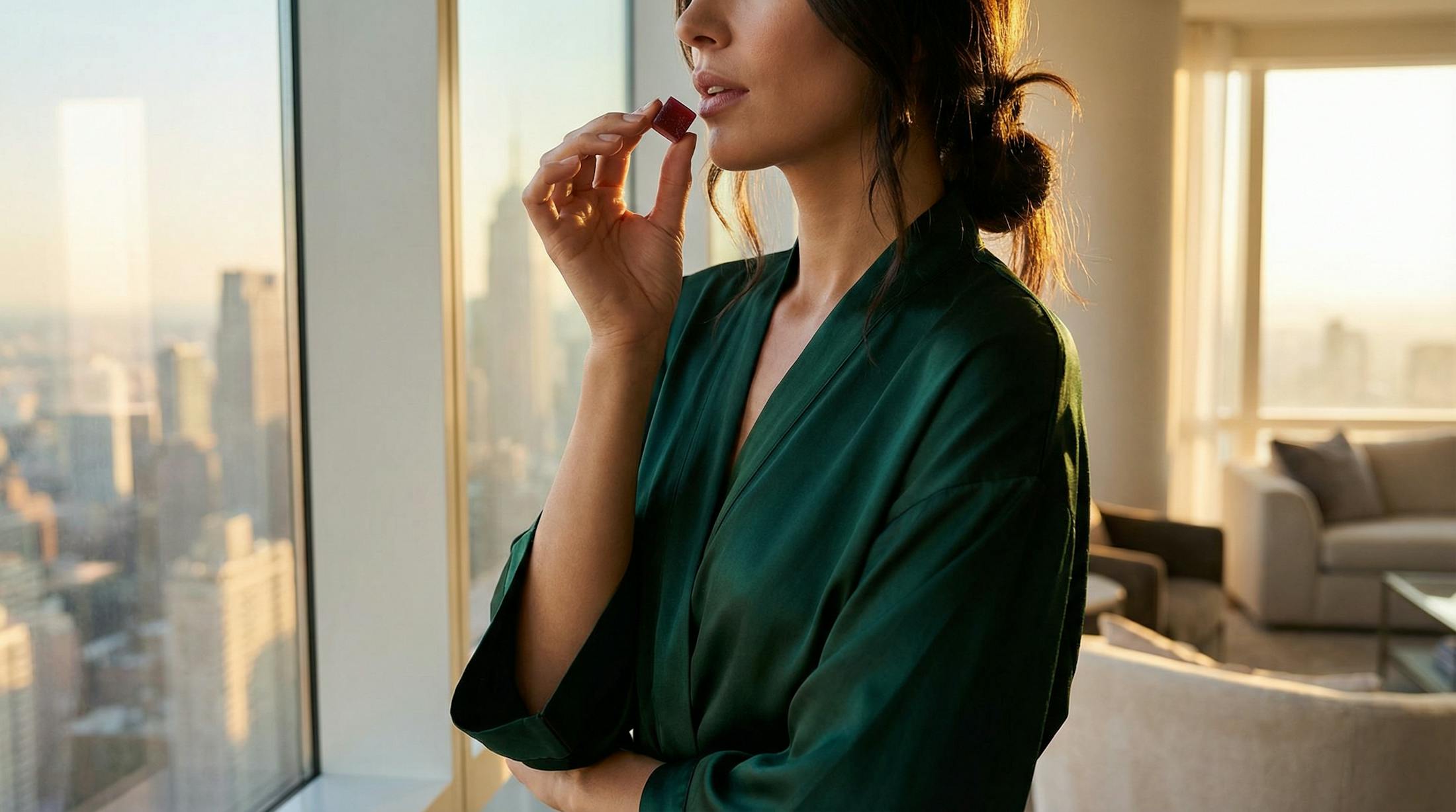 Woman eating a gummy looking out the window
