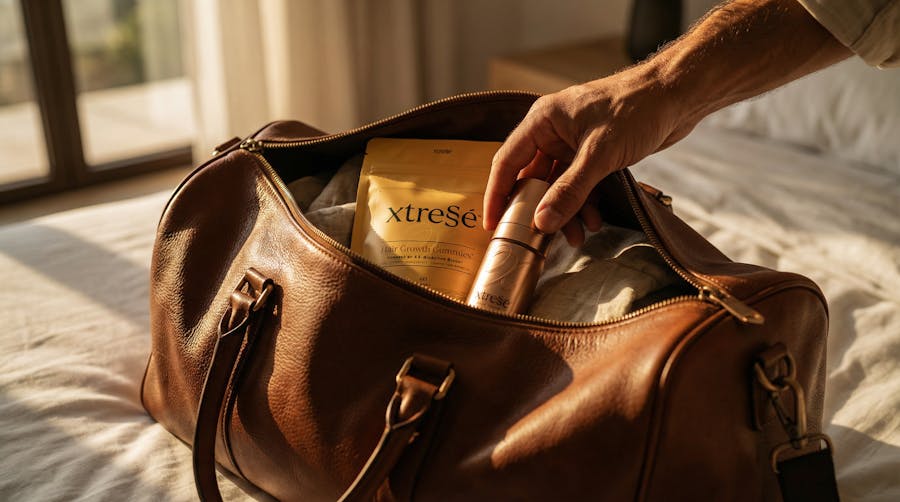 Man packing his beauty products in a bag