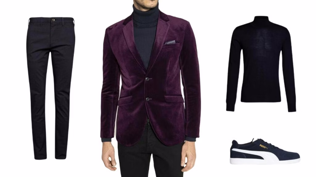 OutfitVelvet-1024x576.jpg blazer, clothing, coat, jacket, velvet, formal wear, suit, long sleeve, pants, tuxedo