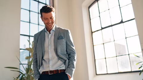 blazer, shirt, adult, male, man, person, belt, face, head, pants