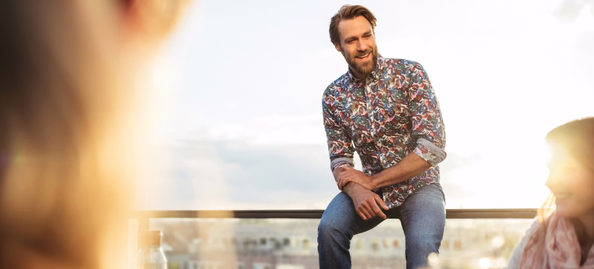 architecture, balcony, building, adult, male, man, person, clothing, shirt