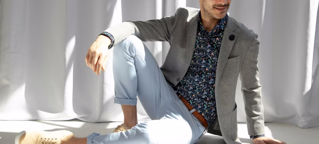 blazer, clothing, coat, jacket, pants, formal wear, suit, person, footwear, shoe