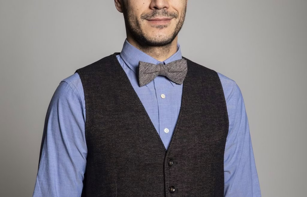 vest, accessories, formal wear, tie, shirt, adult, male, man, person, bow tie