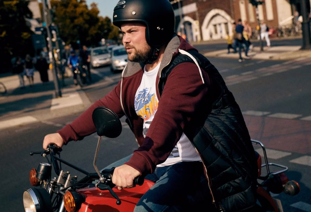 helmet, jacket, moped, motorcycle, hardhat, adult, male, man, person, portrait