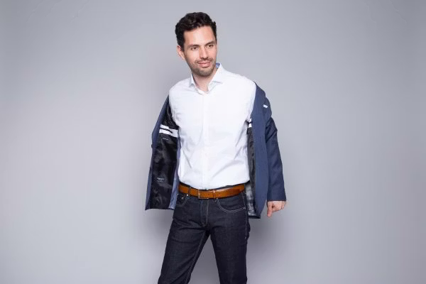 coat, jacket, shirt, blazer, pants, belt, adult, male, man, person