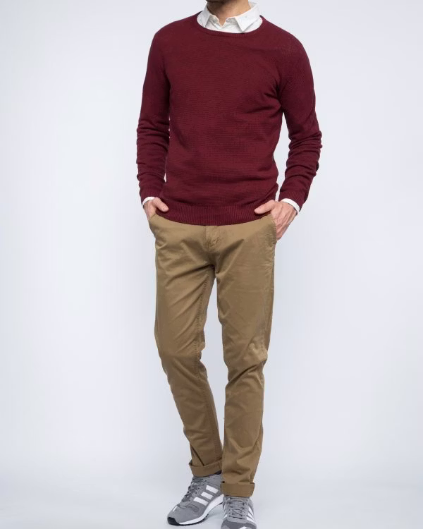 long sleeve, sleeve, khaki, maroon, adult, male, man, person, sweater, pants