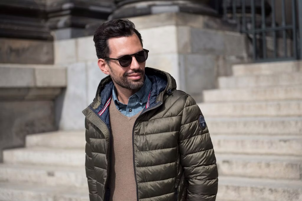 clothing, coat, jacket, adult, male, man, person, glasses, portrait, black hair