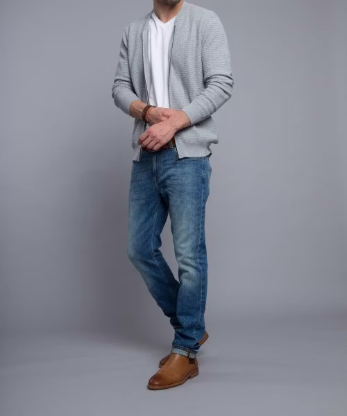 clothing, pants, jeans, adult, male, man, person, sweater, blazer, coat
