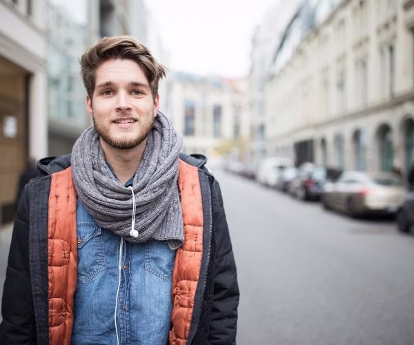 adult, male, man, person, scarf, head, face, blonde, coat, jacket