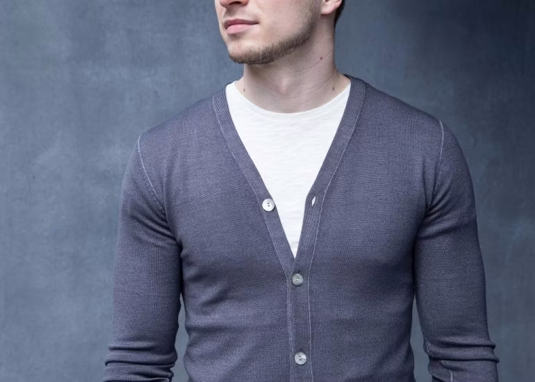 clothing, knitwear, sweater, adult, male, man, person, cardigan