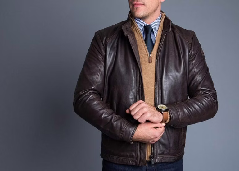 clothing, coat, jacket, tie, wristwatch, adult, male, man, person, leather jacket