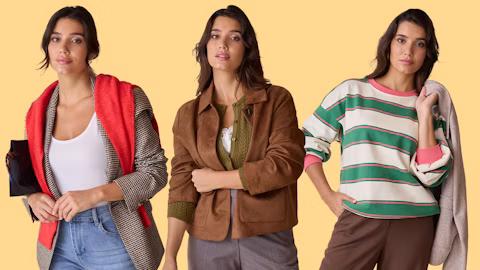 Inspiration für die Capsule Wardrobe im Herbst mit vielseitigen Basics für Damen: Drei verschiedene Looks zeigen einen Hahnentritt-Blazer mit Jeans, eine braune Wildlederjacke über einem grünen Cardigan und ein gestreiftes Sweatshirt mit brauner Hose.