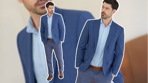 Smart Casual Herren-Outfit mit blauem Blazer, hellblauem Hemd, grauer Hose und braunen Lederschuhen.