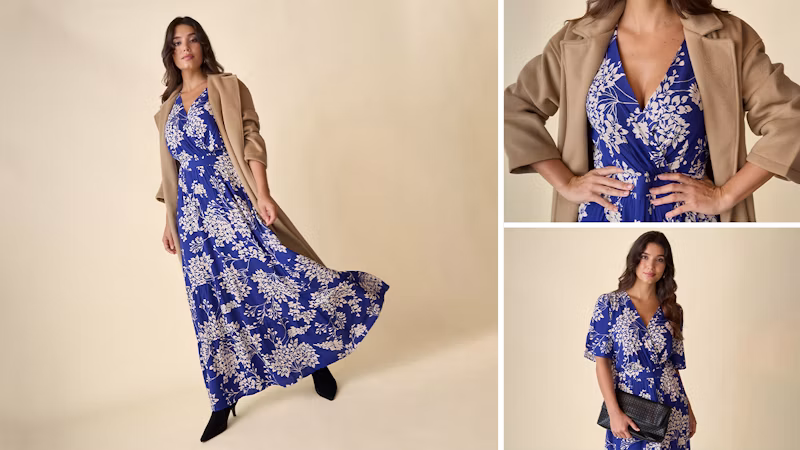 Blaues Maxikleid mit Blumenmuster, kombiniert mit einem beigen Mantel – eine elegante Outfit-Idee für den Herbst.