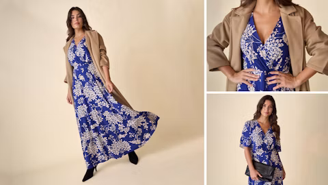 Blaues Maxikleid mit Blumenmuster, kombiniert mit einem beigen Mantel – eine elegante Outfit-Idee für den Herbst.