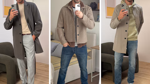 Herren-Wintermantel kombiniert mit Anzug, Strick und Jeans