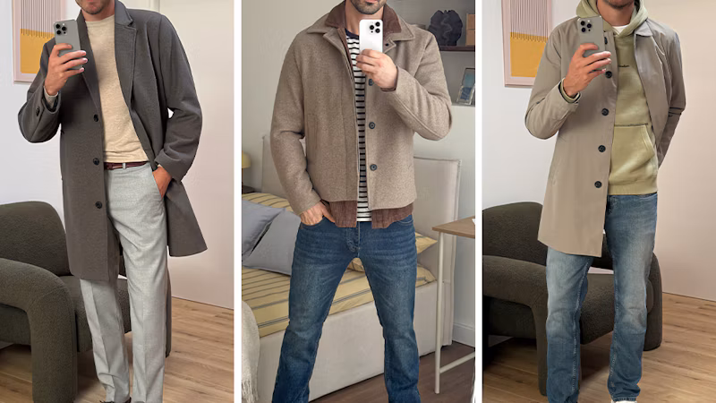 Manteau d’hiver homme porté avec costume, maille et jean