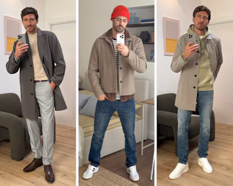 Herren-Wintermantel kombiniert mit Anzug, Strick und Jeans