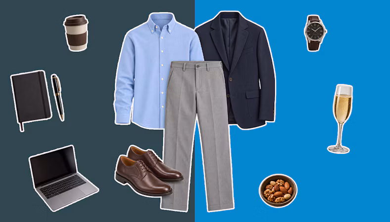 Smartes Weihnachtsfeier Outfit für Herren mit Blazer, Stoffhose und Hemd für Büro und Drinks
