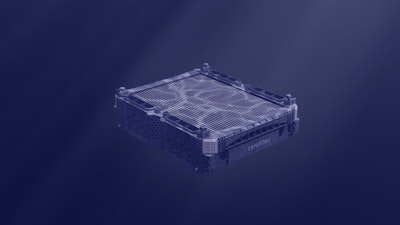 Ein rechteckiges, gitterartiges schwarzes Gerät mit einer strukturierten Oberfläche schwebt vor einem dunkelblauen Hintergrund. An der Seite des Geräts ist das Wort carbontec zu lesen.