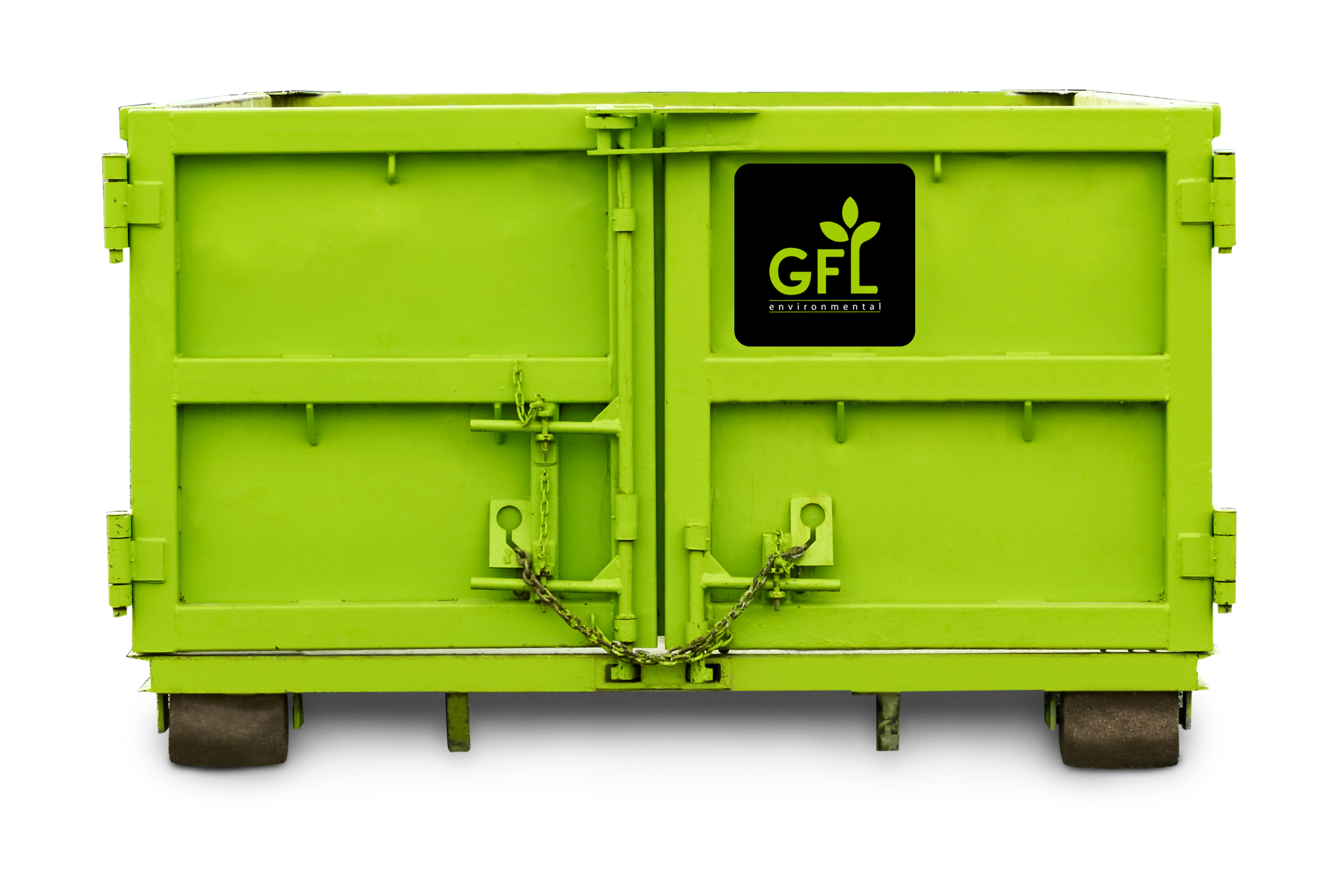 Rear end view of green 14 yard front-load bin showing chain securing hardware and GFL logo