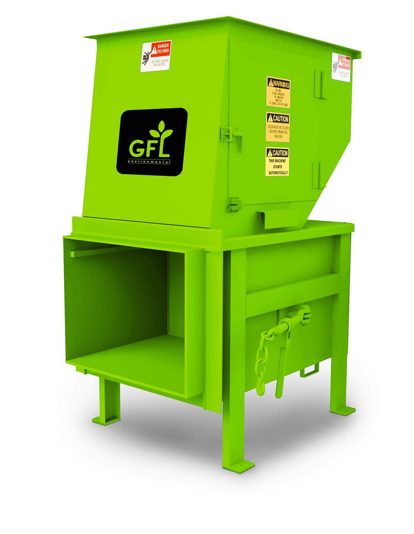 Bright green compactor system mounted on metal framework for multi-unit buildings with GFL branding and caution labels.