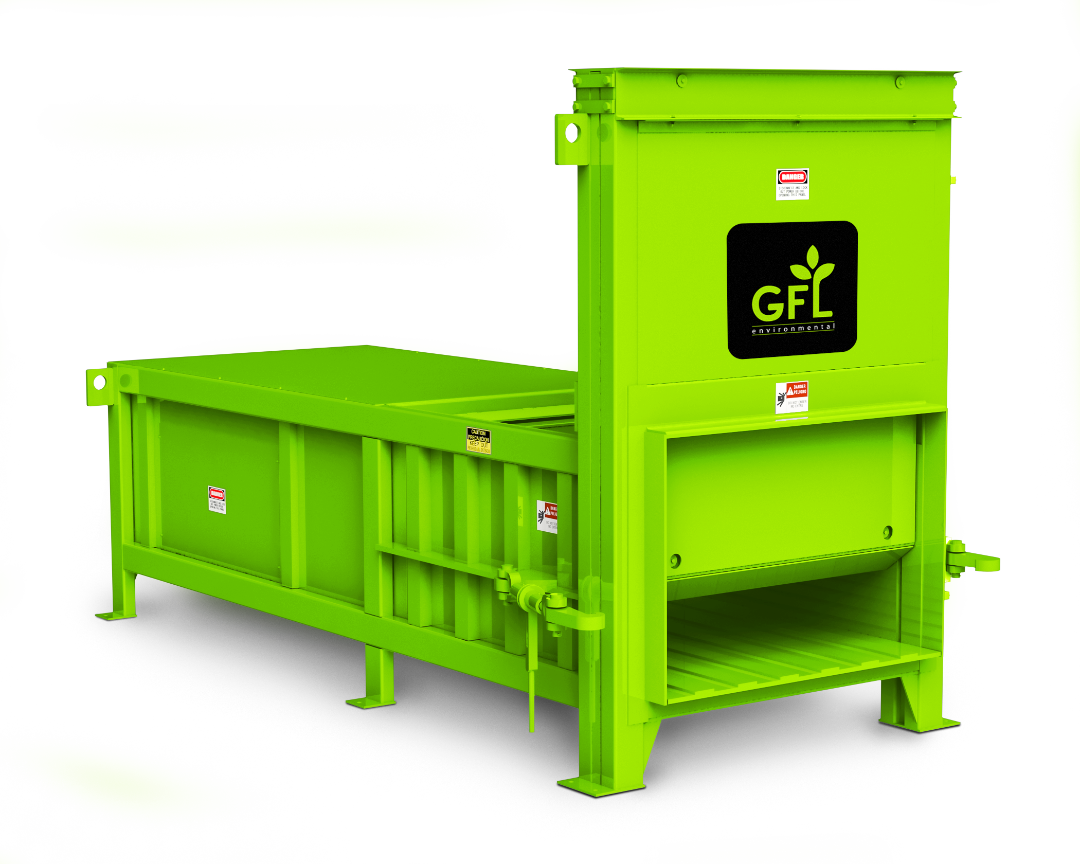 Large green pre-crusher compactor unit with GFL Environmental logo and internal waste processing mechanism visible