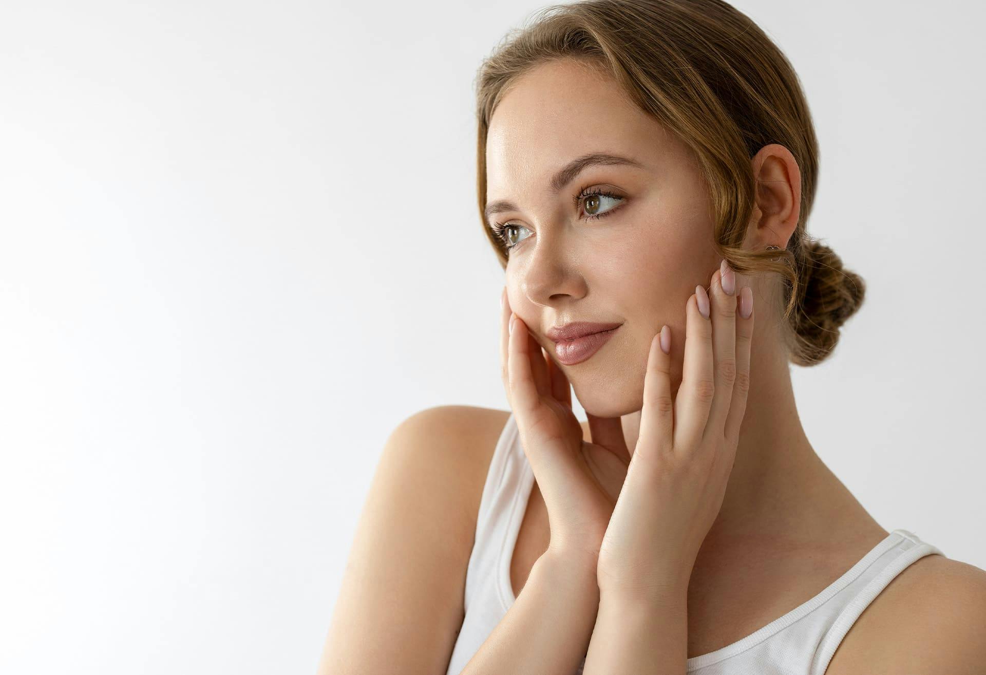 woman touching her cheeks with both her hands