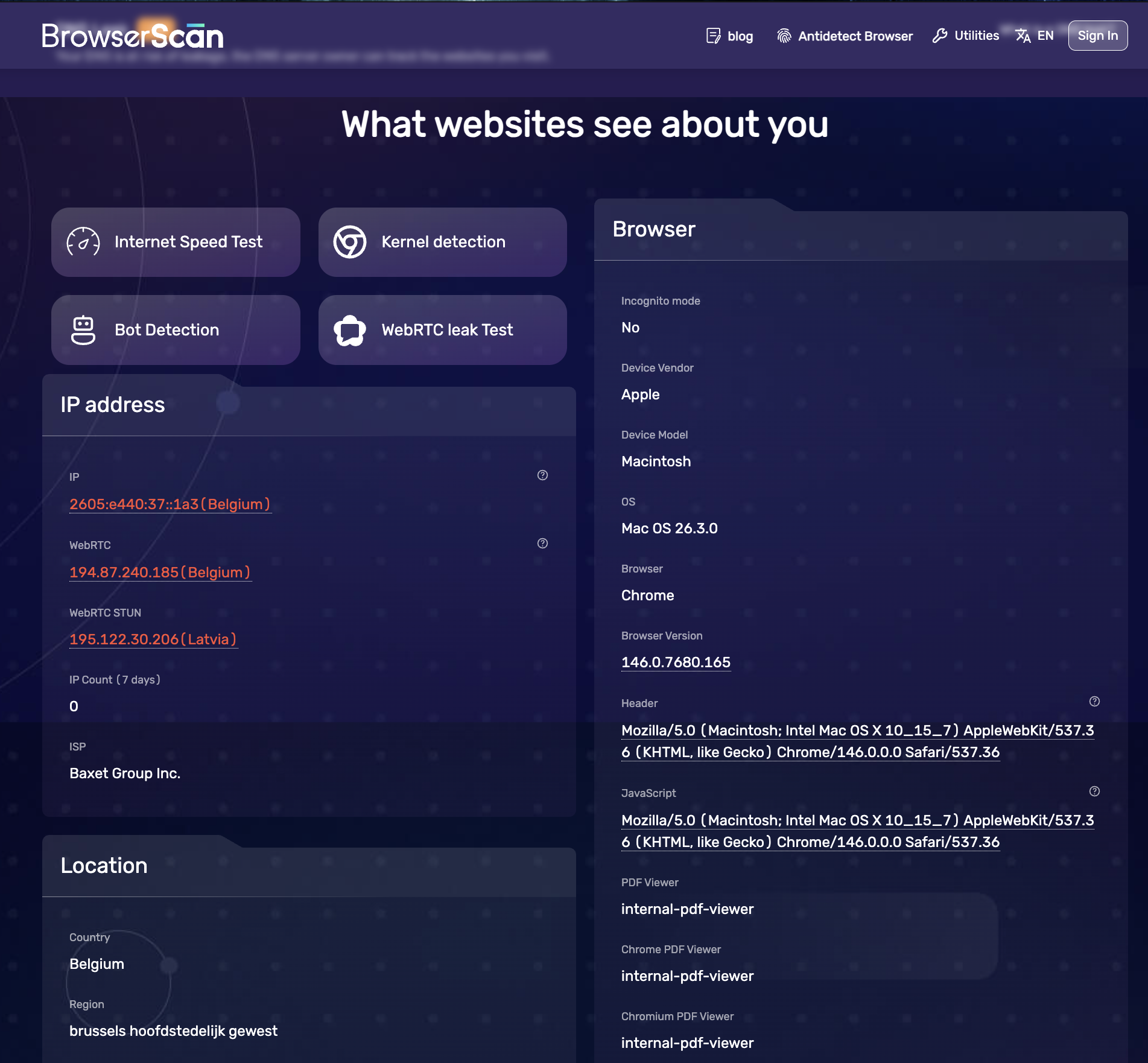 What websites see about you (fingerprint checker screenshot)