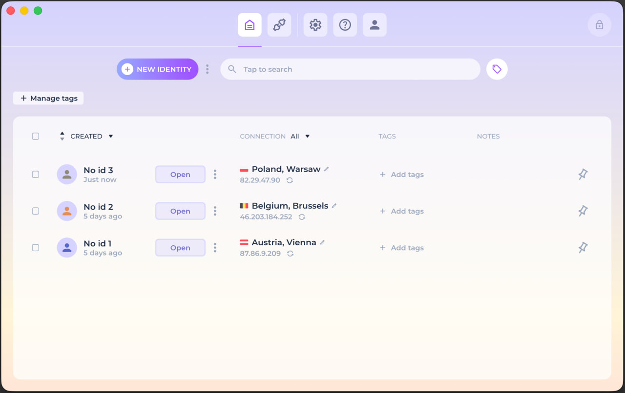 NOID interface with separate identities and different connection countries