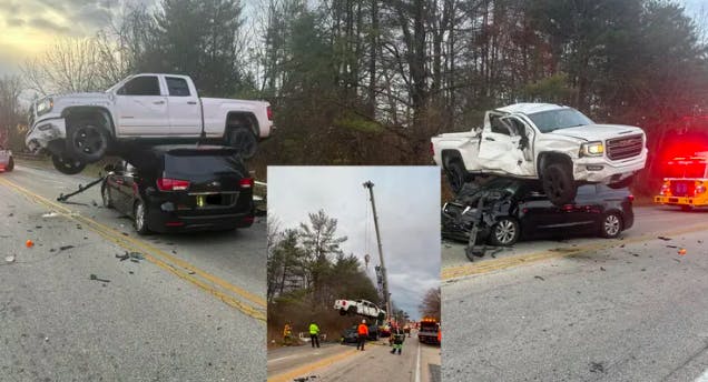 Wild Crash Results in Pickup Landing On Minivan