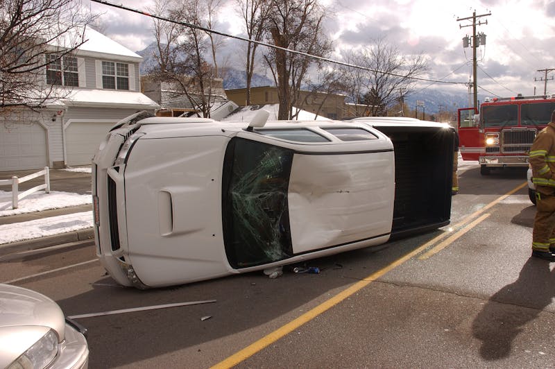 Truck tipped on its side