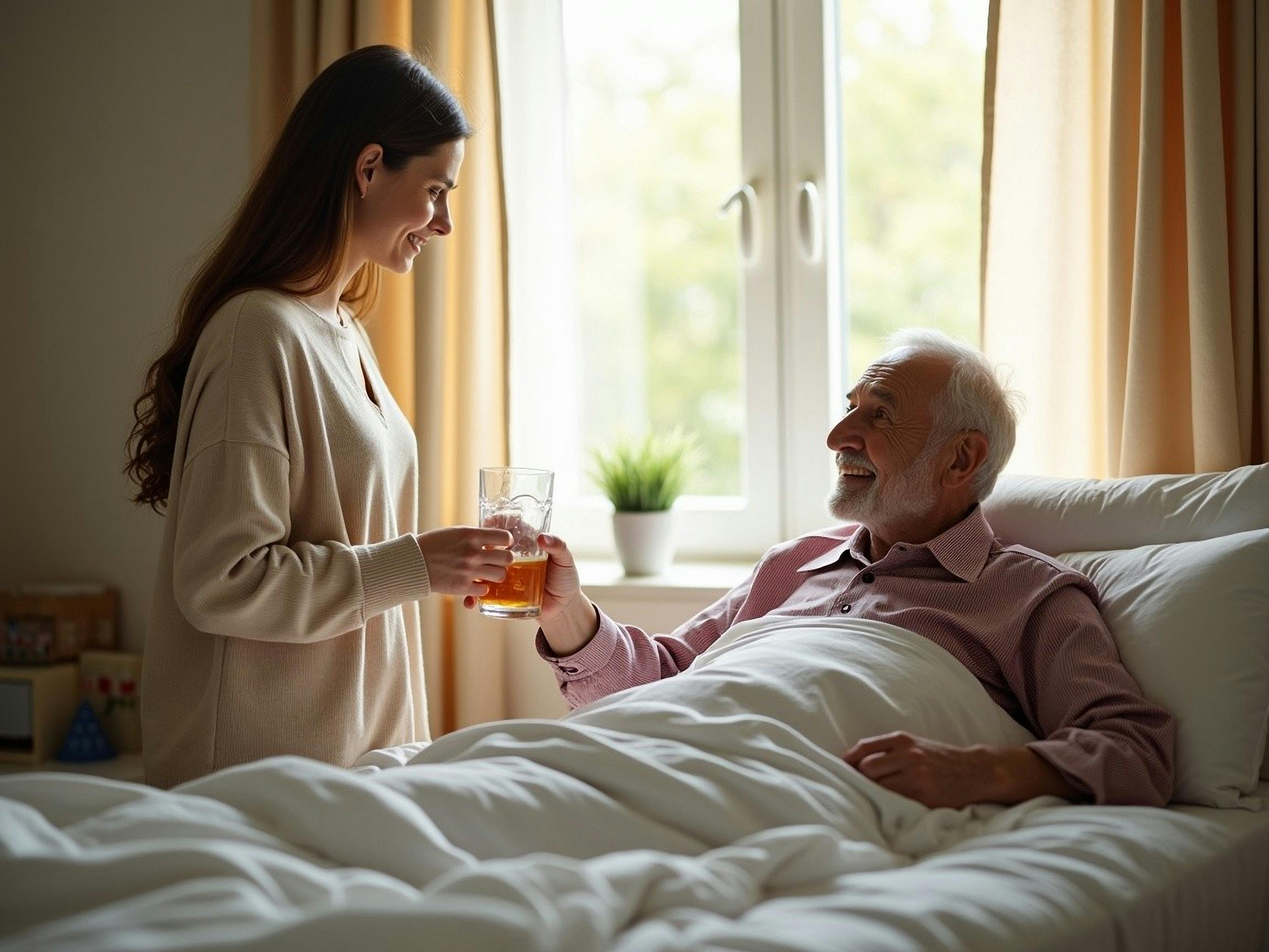 A woman anding glass to elderly man
