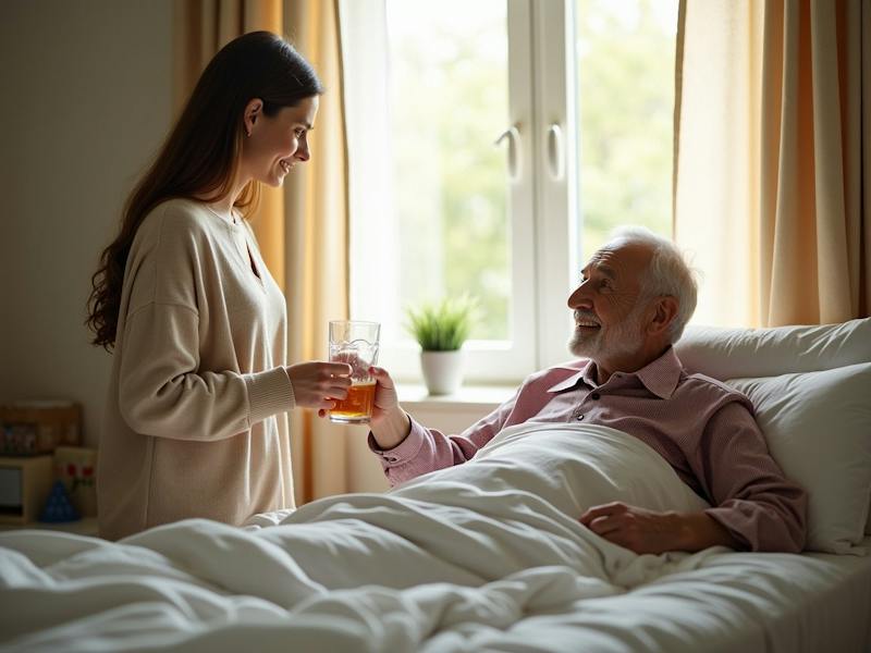 A woman anding glass to elderly man