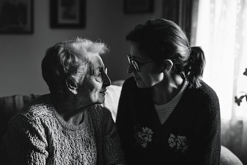 An older woman and her daughter looking at each other
