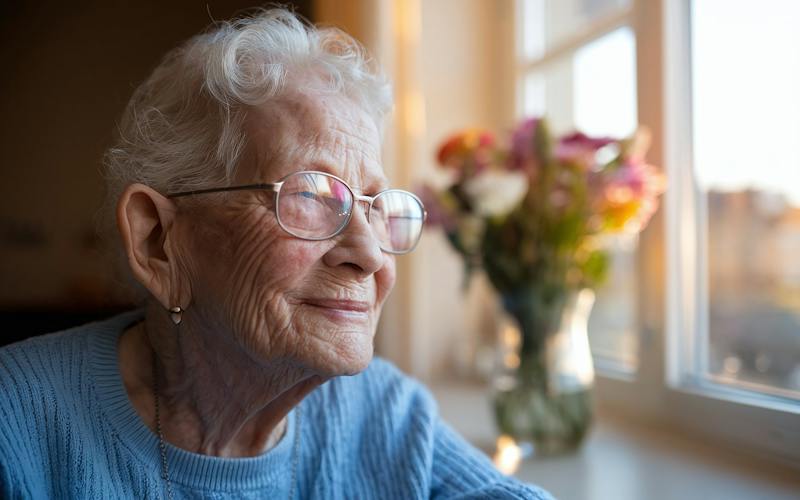 An older woman looking out window and smiling