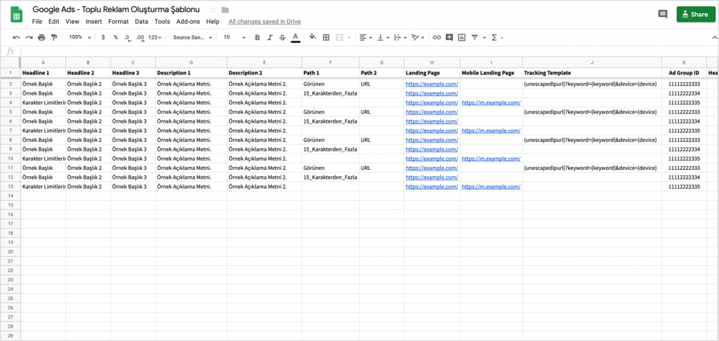 Google Sheets Şablonu