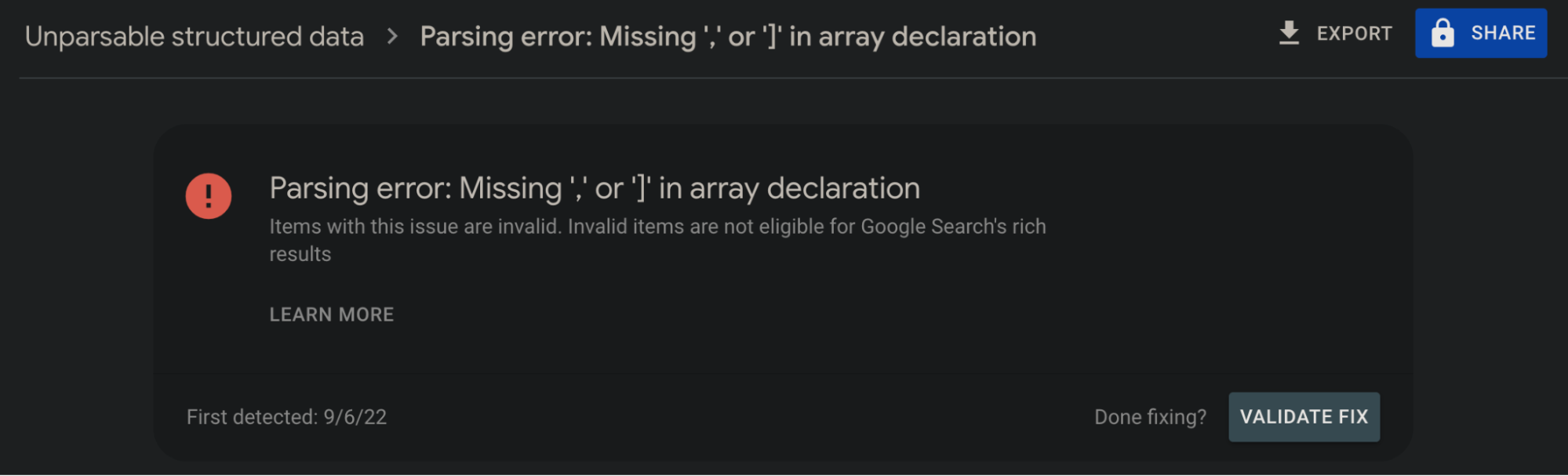 Parsing error: Missing ',' or '}'