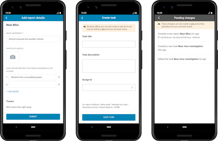 Create reports, task, comments, and get alerts. All offline.
