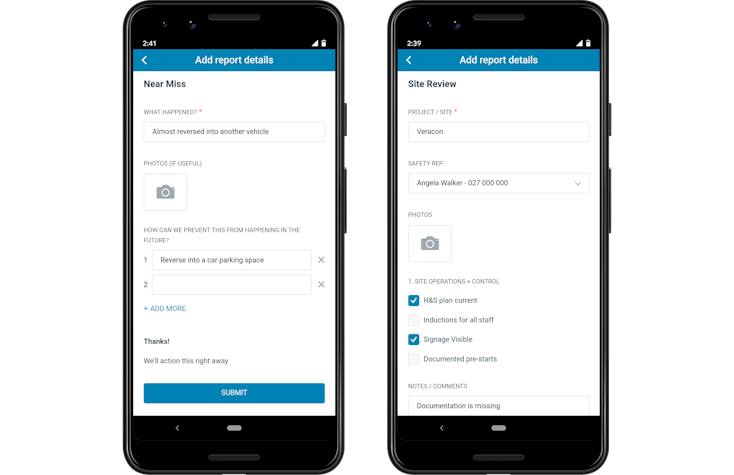 SaferMe app showing simple forms