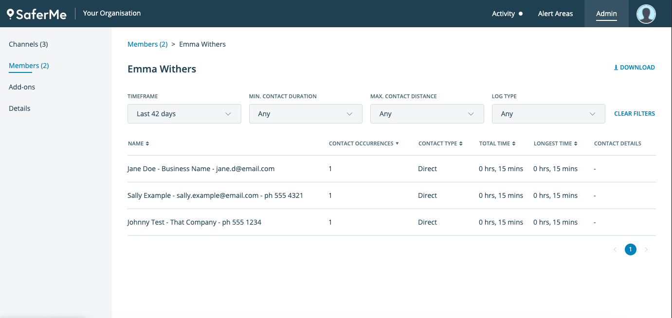 Contact tracing table members screen