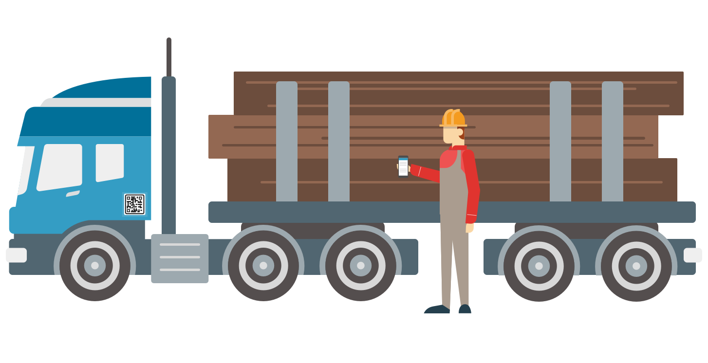 Person next to logging truck