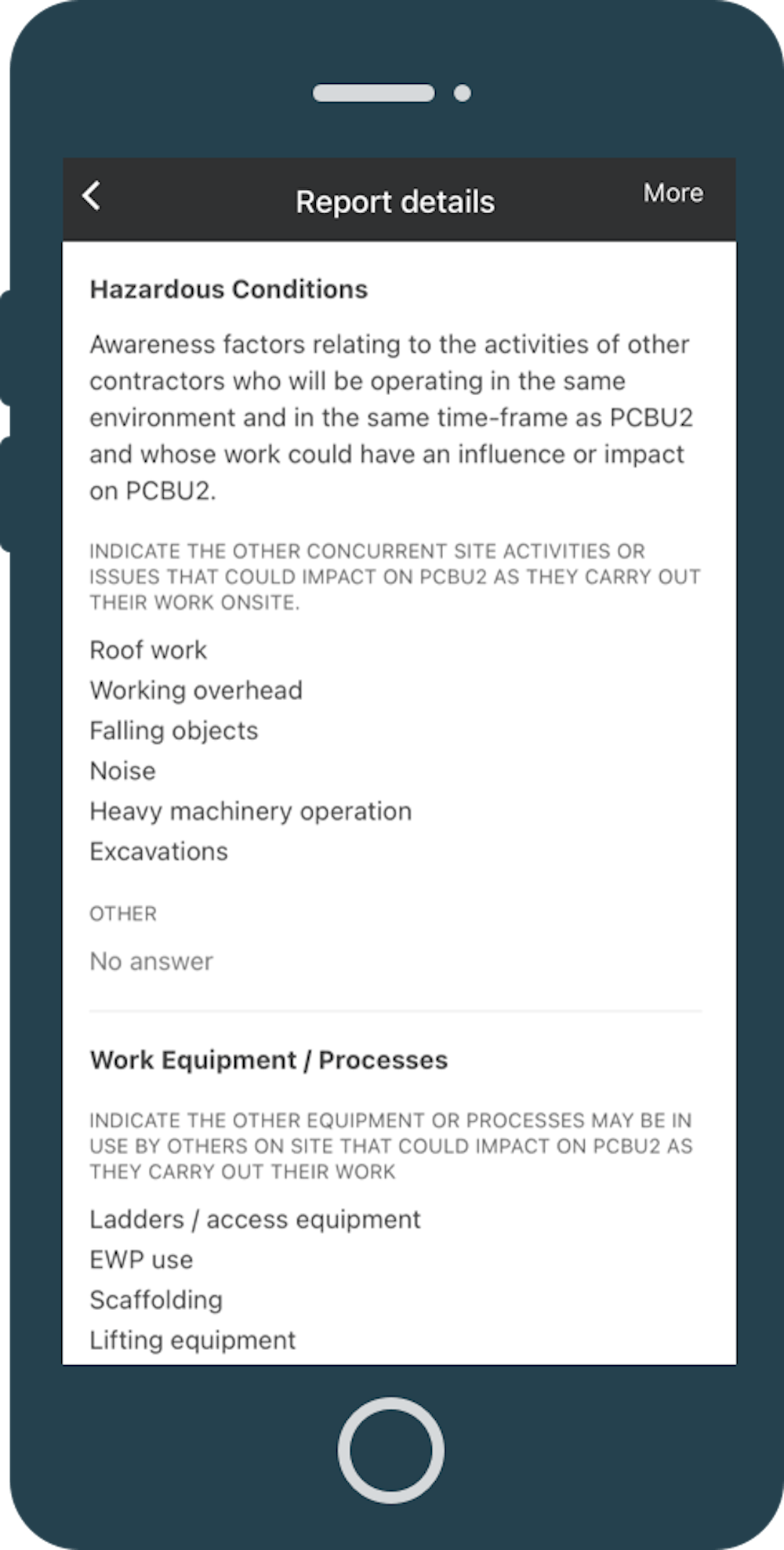 Hazards listed in Job Registration form