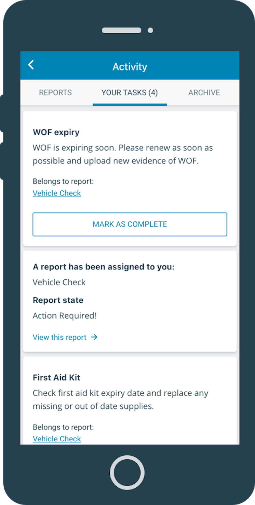 Vehicle Check tasks assigned to Admin