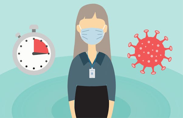 Image of timer, staff with Covid mask and a germ/bacteria 